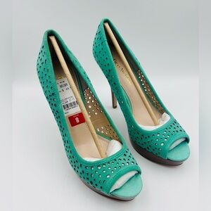 Enzo Angiolini Teal Suede Peep Toe Cutout Heels Women’s Size 8 Stilettos Sexy